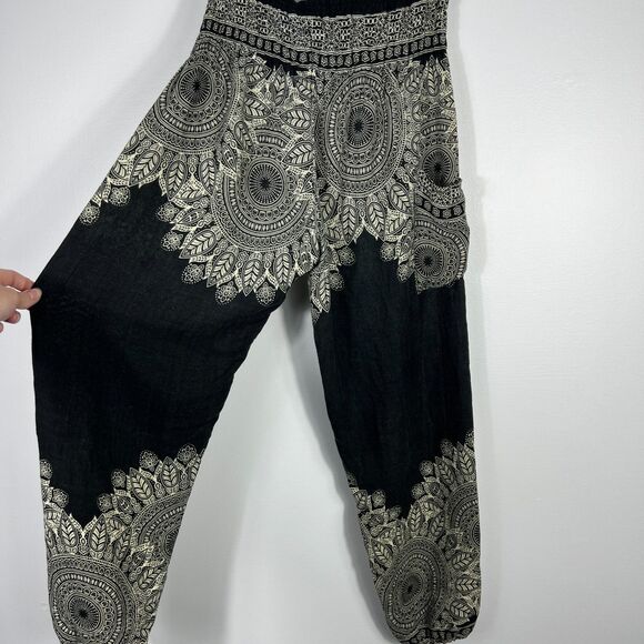 Harem Pants Womens Small Black Mandala Faded Hippie Bohemian Flowy Lightweight - Picture 1 of 16
